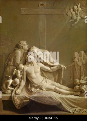 Die Abschrift von Bernardino Nocchi, 1800, zeigt den Leichnam Christi, gestützt von Trauerfiguren unter dem Kreuz, mit Engeln, die von oben beobachten Stockfoto