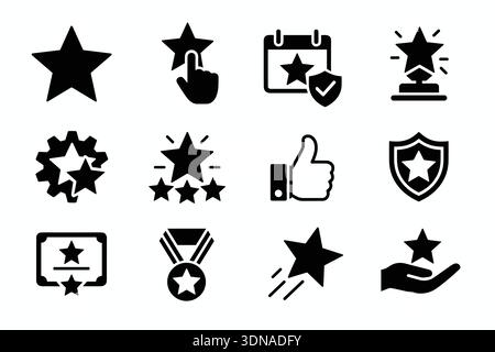 Ein Satz von schwarz-weißen Vektor-Icons, die Sterne, Bewertungen, Qualität, Leistung und Feedback darstellen. Stock Vektor