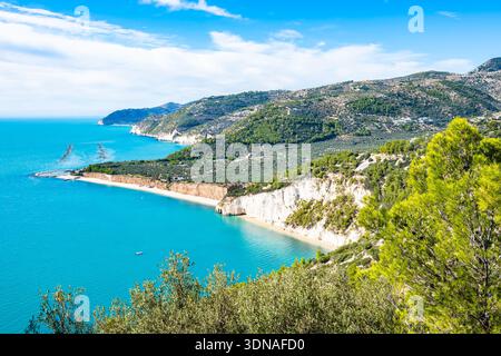 Dramatische Aussicht auf weiße Klippen und türkisfarbene Buchten entlang der Küste von Gargano, Apulien, Italien Stockfoto