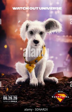 Supergirl (2026) unter der Regie von Craig Gillespie mit Milly Alcock, Matthias Schoenaerts und Eve Victor. Eine junge Kryptonin adoptiert ihren treuen Superhund Krypto, während sie ihre Kräfte entdeckt und neuen Bedrohungen auf der Erde ausgesetzt ist. US-Poster NUR FÜR REDAKTIONELLE ZWECKE. Quelle: BFA / Warner Bros Stockfoto