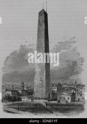Boston, Massachusetts, Usa. Bunker Hill Monument. 1843 eingeweiht, wurde es an der Stelle der Schlacht von Bunker Hill (17. Juni 1775) errichtet. Gravur. Historia biográfica de los Presidentes de los Estados Unidos (Biographische Geschichte der Präsidenten der Vereinigten Staaten). Veröffentlicht in Barcelona von Montaner y Simón, 1885. Stockfoto
