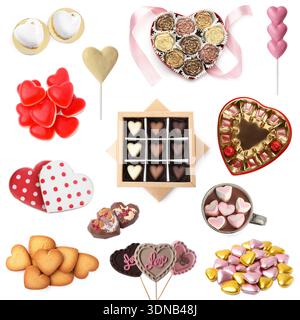 Herzförmige Süßigkeiten am Valentinstag isoliert auf weiß, Set Stockfoto