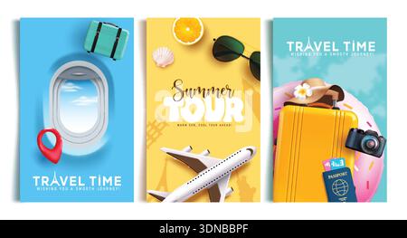 Reisezeit und Sommertour Clipart-Poster-Set-Design. Reisezeit Wunschtext Clipart mit Reisenden Elementen im Flugzeugfenster Hintergrund Stock Vektor