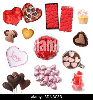 Herzförmige Süßigkeiten am Valentinstag isoliert auf weiß, Set Stockfoto