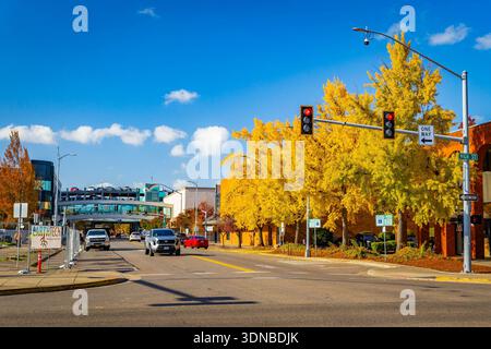 Salem, OR, USA – 29. Oktober 2025: Die Innenstadt von Salem zeigt Gebäude und Bäume mit farbenfrohen Herbstlaub unter einem hellen, klaren Licht Stockfoto