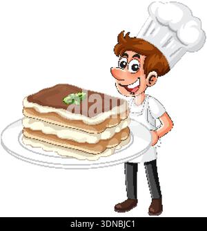 Ein fröhlicher männlicher Koch in Uniform präsentiert ein mehrschichtiges italienisches Dessert auf weißem Hintergrund Stock Vektor
