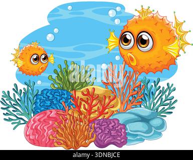 Zwei orangefarbene Kugelfische schwimmen in einer hellen Unterwasser-Vektor-Illustration über lebendigen Korallenriffen Stock Vektor