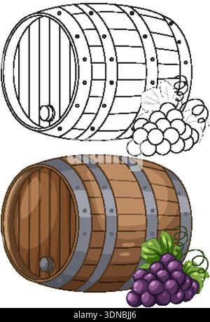 Vektorillustration eines Holzfasses und Trauben in farbigen und Linienart Stilen Stock Vektor