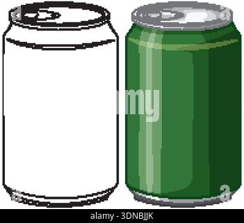 Vektorillustration einer grünen Soda-Dose neben einer schwarz-weißen Umrissversion Stock Vektor