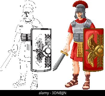 Ganzkörper-Vektor-Illustration eines römischen Legionärs mit Schwert, Schild und Ausmalseite Stock Vektor