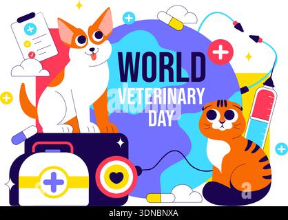 World Veterinary Day Vector Illustration Feiert Engagierte Tierärzte Schützen Tiergesundheit Wohlfahrt Durch Flachen Cartoon Style Hintergrund Stock Vektor