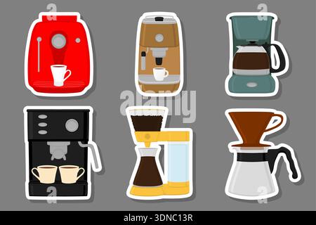 Illustration zum Thema großes farbiges Set verschiedene Arten von Kaffeemaschinen, verschiedene Größen, Kaffeemaschine Muster bestehend aus Sammlungszubehör Stock Vektor