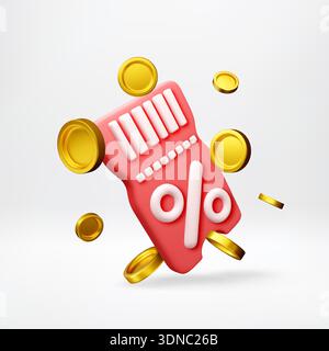 3D Red Coupon mit Prozentzeichen und Münzen. Rabattgutschein und Sonderangebot für Online-Shopping. Marketing-Vertriebskampagne. Stock Vektor