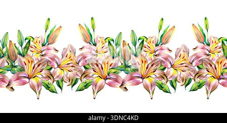 Handgemalte Aquarelle, horizontaler nahtloser Rand von Lilienblüten mit Knospen und Blättern. Diese lebendige botanische Illustration zeigt Rosa und Orange Stockfoto