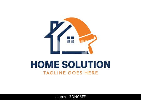 Logo für die Bauarbeiten, Logo für die Renovierung des Hauses, Logo für die Hausmalerei mit der Farbe Roller Symbol für das Haus – Protokoll für Bau, Umbau, Reparatur und Immobilien Stock Vektor