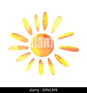 Kindliche Sonnenzeichnung. Handgemalte Aquarellillustration isoliert auf weiß. Perfekt für Kinderdesign, Kinderbücher, Schulungsmaterialien, Poster Stockfoto