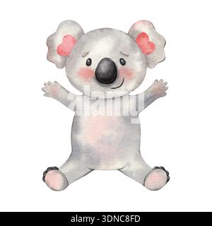 Süßer, glücklicher Karikaturkoala mit offenen Armen. Handgemalte Aquarellillustration isoliert auf weißem Hintergrund. Perfekt für Kinderdesign, Kinderbücher Stockfoto