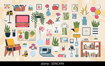 Gemütliches Mid-Century Home Decor farbenfrohe gestanzte Aufkleber Stock Vektor