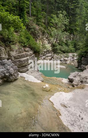 Frankreich, Drome, regionaler Naturpark der Baronnies provencales, die Aulan-Schluchten am Fluss Toulourenc Stockfoto