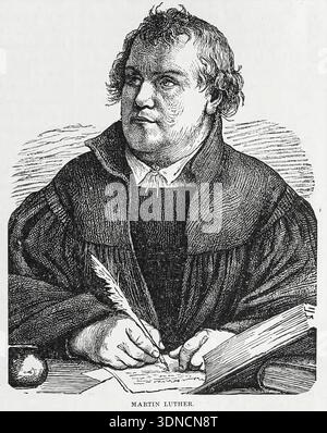 Martin Luther, eine Schlüsselfigur der Protestantischen Reformation, schreibt fleißig mit einem Federstift an einem Schreibtisch, umgeben von Büchern, und symbolisiert seine theologischen Beiträge und seine intellektuelle Arbeit aus dem BUCH XVII. - Neue Welt und Reformation in Band 13, von Ridpfads Universeller Geschichte : ein Bericht über den Ursprung, den primitiven Zustand und die ethnische Entwicklung der großen Rassen der Menschheit und über die Hauptereignisse in der Entwicklung und dem Fortschritt des zivilisierten Lebens unter Menschen und Nationen, aus neueren und authentischen Quellen mit einer vorläufigen Untersuchung über die Zeit, den Ort und die Art des Beginns von R Stockfoto