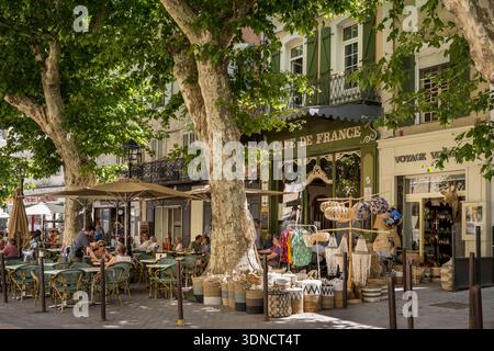 Frankreich, Vaucluse, L'Isle sur la Sorgue, Altstadt, Place de la Liberté, Terrasse unter den Platanen des Café de France Stockfoto