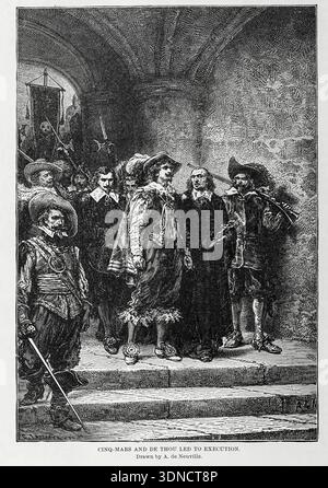 Historischer Kupferstich, der Henri Coiffier de Ruze, Marquis von Cinq Mars und Francois Auguste de Thou, begleitet von Soldaten und Wachen, auf ihrem Weg zur Hinrichtung im Frankreich des 17. Jahrhunderts aus Kapitel CIV. Das Dreißigjährige KRIEGSBUCH XVII. - Neue Welt und Reformation in Band 13, von Ridpfads Universeller Geschichte : ein Bericht über den Ursprung, den primitiven Zustand und die ethnische Entwicklung der großen Rassen der Menschheit und über die Hauptereignisse in der Entwicklung und dem Fortschritt des zivilisierten Lebens unter Menschen und Nationen, aus neueren und authentischen Quellen mit einer vorläufigen Untersuchung über Zeit, Ort und m Stockfoto