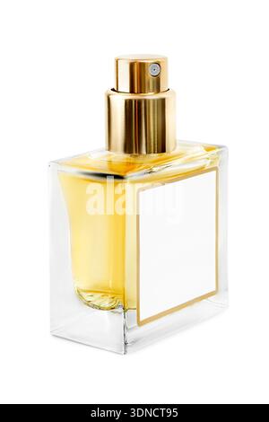 Gelbe Parfümglasspritzflasche, die auf weißem Hintergrund steht Stockfoto