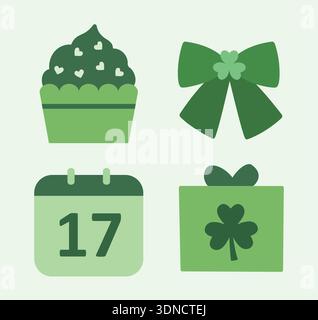 Set mit St. Patrick's Day Elementen. Enthält Schamrock, Kalender, Geschenkboxen, Cupcakes und Bögen. Clipart für die Illustration des flachen Vektors. Stock Vektor