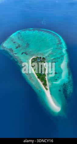 Aus der Vogelperspektive auf eine tropische Insel mit weißem Sand, die auf tiefes türkisfarbenes Wasser trifft, ein Schutzgebiet grüner Vegetation, Semporna, Sabah, Malaysia. Stockfoto