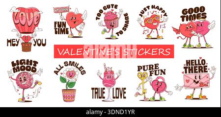 Happy Valentine's Day y2k groovige Hippie-Aufkleber Stock Vektor