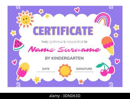 Schuldiplom-Vorlage für Kinder und Kinder im Kindergarten, Vorschule oder Grundschule mit niedlichen Sonne, Regenbogen, Sternen und lustigen Comic-Sommerelementen. Zertifikatdesign mit farbenfrohem Hintergrund Stock Vektor