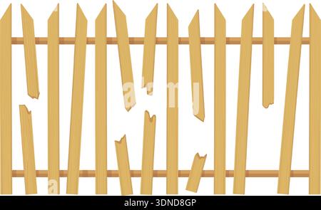 Rustikaler Landzaun mit gebrochenen Brettern Karikaturikone isoliert auf weißem Hintergrund Stock Vektor