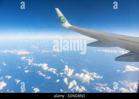 Luftaufnahme des Flügels eines Transavia-Flugzeugs über einem Meer von ​​clouds durch das Fenster Stockfoto