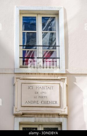 Frankreich, Paris, Pointe Trigano, schmales Gebäude in Paris, 97 Rue de Clery und 60 Rue Beauregard, der Dichter Andre Chenier lebte in diesem Haus Stockfoto