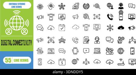 Digital Connectivity Line Symbolsatz für Internet, Netzwerk, Wi-Fi, Cloud Computing, Datenfreigabe, Online-Kommunikation, IoT, intelligente Geräte, bearbeitbar Stock Vektor