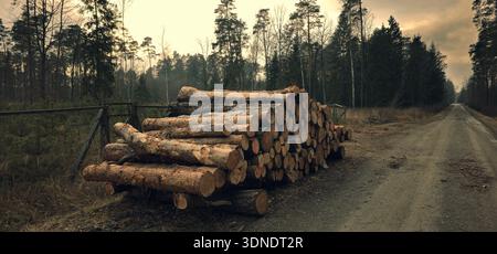 Brennholz im Wald. Horizontale Foto Holzstämme aus Kiefernwäldern im Wald. Frisch gehackte Baumstämme, die auf einem Stapel übereinander gestapelt sind. Stockfoto