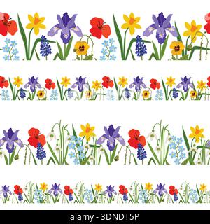 Nahtlose horizontale Blumenränder mit leuchtenden Frühlingsblumen wie Tulpen, Iris, Narzissen, Schneeglöckchen und Vergissmeinnots. Diese farbenfrohe Il Stock Vektor