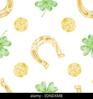 Goldene Hufeisen, grüne Kleebrücke und gelbe Münzen in sanften Tönen, nahtloses Muster mit Aquarellabbildungen, handgezeichnet für St. Patricks Day Geschenkverpackung, Stoffdrucke, Schreibwaren, Partydekor Stockfoto
