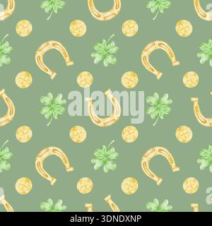 Grüne Schamfelsen, Goldmünzen und gelbe Hufeisen in Salbeigrün, nahtloses Clipart-Muster in Aquarellen, handgezeichnet für St. Patricks Day Designs, ideal für Textilien und Geschenkpapier Stockfoto