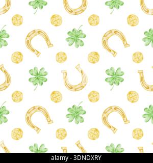Gelbe Hufeisen, grüne Klee und Goldmünzen in hellen Tönen angeordnet, nahtloses Muster mit Aquarellabbildungen, handgezeichnet für St. Patricks Day Anwendungen wie Stoffdruck, Einladungen Stockfoto