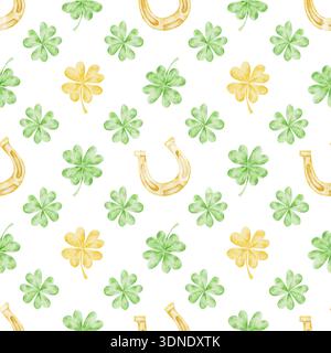 Grüne und gelbe Kleebrücke mit goldenen Hufeisen in sich wiederholendem Layout, nahtloses Clipart-Muster in Aquarellen, handgezeichnet für St. Patricks Day Verwendung in Heimtextilien, Verpackung Stockfoto
