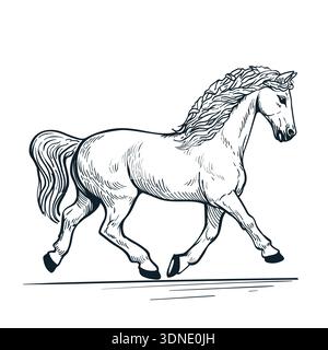 Galoppierende Pferdezeichnung. Vektorskizze Illustration des Hengstes isoliert auf weißem Hintergrund. Modeschmuck oder Posterdesign Stock Vektor