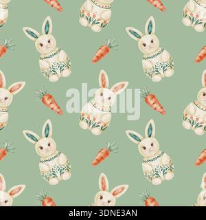 Osterkaninchen und Karotten auf weichen, salbeigrünen Hintergrundfarben als Aquarellillustration, handgezeichnetes nahtloses Muster. Entwickelt für Tapeten, Fabri Stockfoto