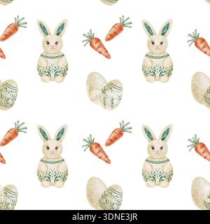 Kaninchen, Ostereier und Karotten in Beige-, Salbei- und Pastelltönen als Aquarell-Clipart, handgezeichnetes nahtloses Muster. Perfekt für Frühjahrspackungen Stockfoto