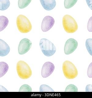 Gemalte Ostereier in sanften Pastellblau, lila und gelben Farben als Aquarell Clipart, handgezeichnetes nahtloses Muster. Geeignet für Grußkarten, Textildesign, Planer, Verpackungen Stockfoto