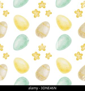 Ostereier und kleine Blumen in Pastellgelb, Grün und Beige als Aquarellillustration, handgezeichnetes nahtloses Muster. Perfekt für Frühjahrspapiere, Geschenkverpackungen und Stoffdrucke Stockfoto