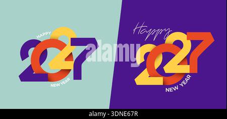 2027 Happy New Year Karte Design Vektor. Farbiges Nummernlogo und trendige Typografie-Designvorlage für das neue Jahr 2027. „Happy New Year“-Design, Logotext Stock Vektor