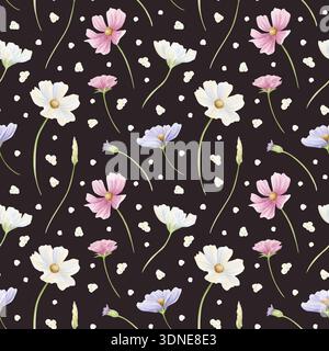 Nahtloses Muster der Frühlingswildblumen mit Feldblumen auf dunklem Schwarz. Handgezeichneter Wiederholungshintergrund mit winzigem pastellrosa, lila und weißem Kosmos Stockfoto