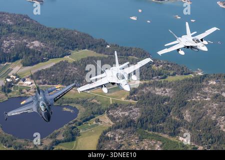 Die belgische Luftwaffe F-16AM kämpfte Falcon FA-87, Serie 6H-87, Dream Viper, zusammen mit den Schweizer Luftwaffe F/A-18C Hornissen J-5008 und J-5016, führen Formationsflugzeuge während der Air-to-Air-Show 2023 durch. Die F-16AM ist einmotorig mit Turbofan F100-PW-220E und die F/A-18C ist zweimotorig mit Turbofan F404-GE-400. Flugzeuge zeigen Rumpf, Flügel, Heck, Cockpit, Fahrwerk, kundenspezifische Lackierung, Heckgrafik, die Manövrierbarkeit, Geschwindigkeit und Betriebsfähigkeit bei der Formationsanzeige demonstriert. Stockfoto