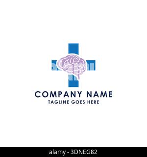 Blaues Kreuz-Symbol Kombiniert Mit Purple Human Brain, Das Psychische Gesundheit Und Neurologie Klinik Veranschaulicht Stock Vektor